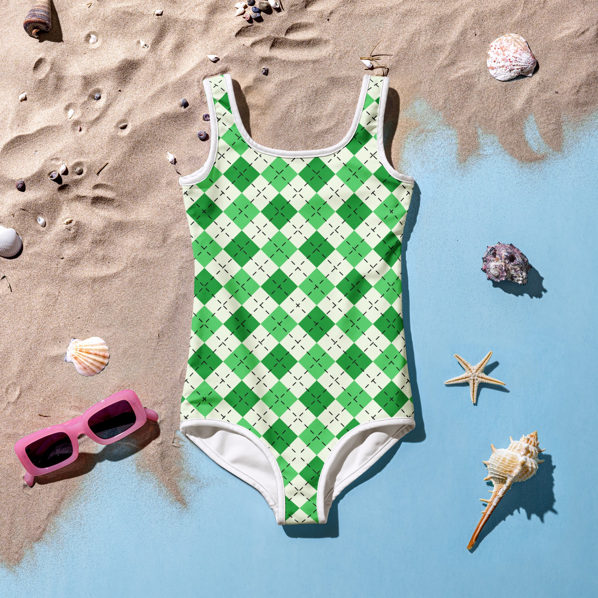 Girls green argyle buttery soft one-piece swimsuit with white trim double layered front and UPF 50 plus protection