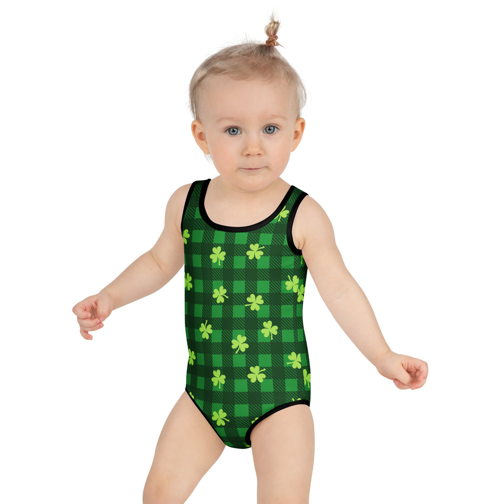 Girls green shamrock plaid buttery soft swimsuit with lime green shamrock patterns and upf 50 plus protection