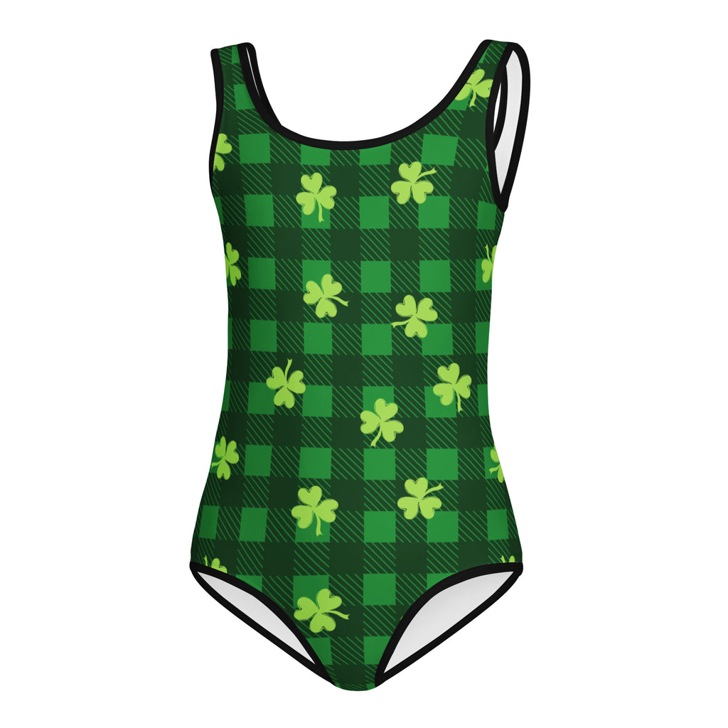Girls St. Patrick’s Day green and black plaid buttery soft swimsuit with lime green shamrocks for dance and gymnastics