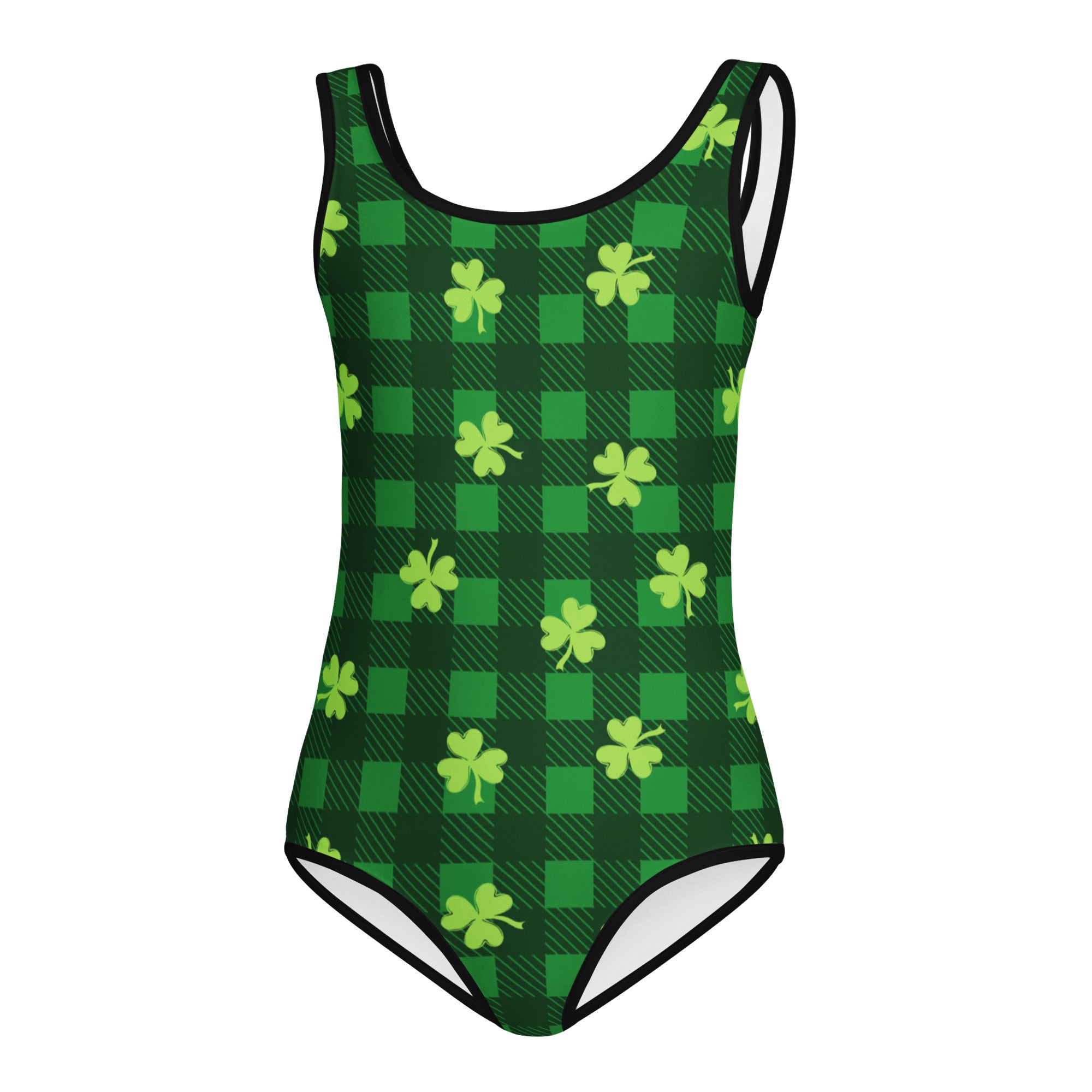 Girls St. Patrick’s Day green and black plaid buttery soft swimsuit with lime green shamrocks for dance and gymnastics