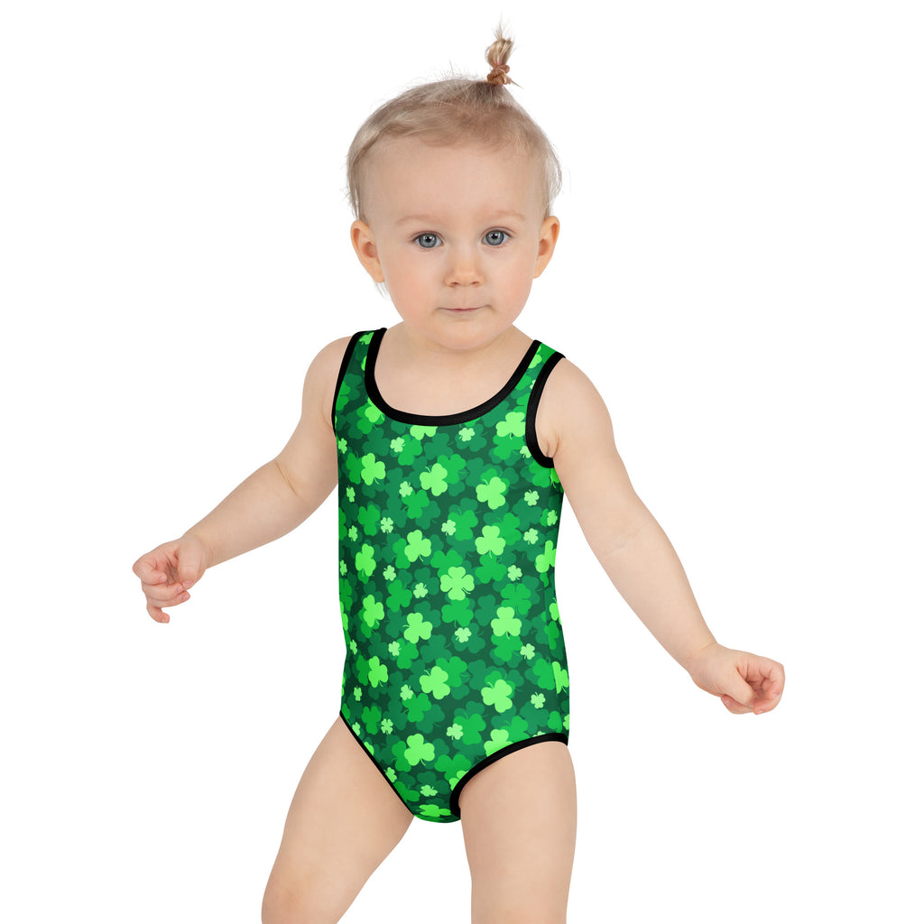 Girls green shamrock one-piece swimsuit with black trim buttery soft fabric and upf 50 plus protection