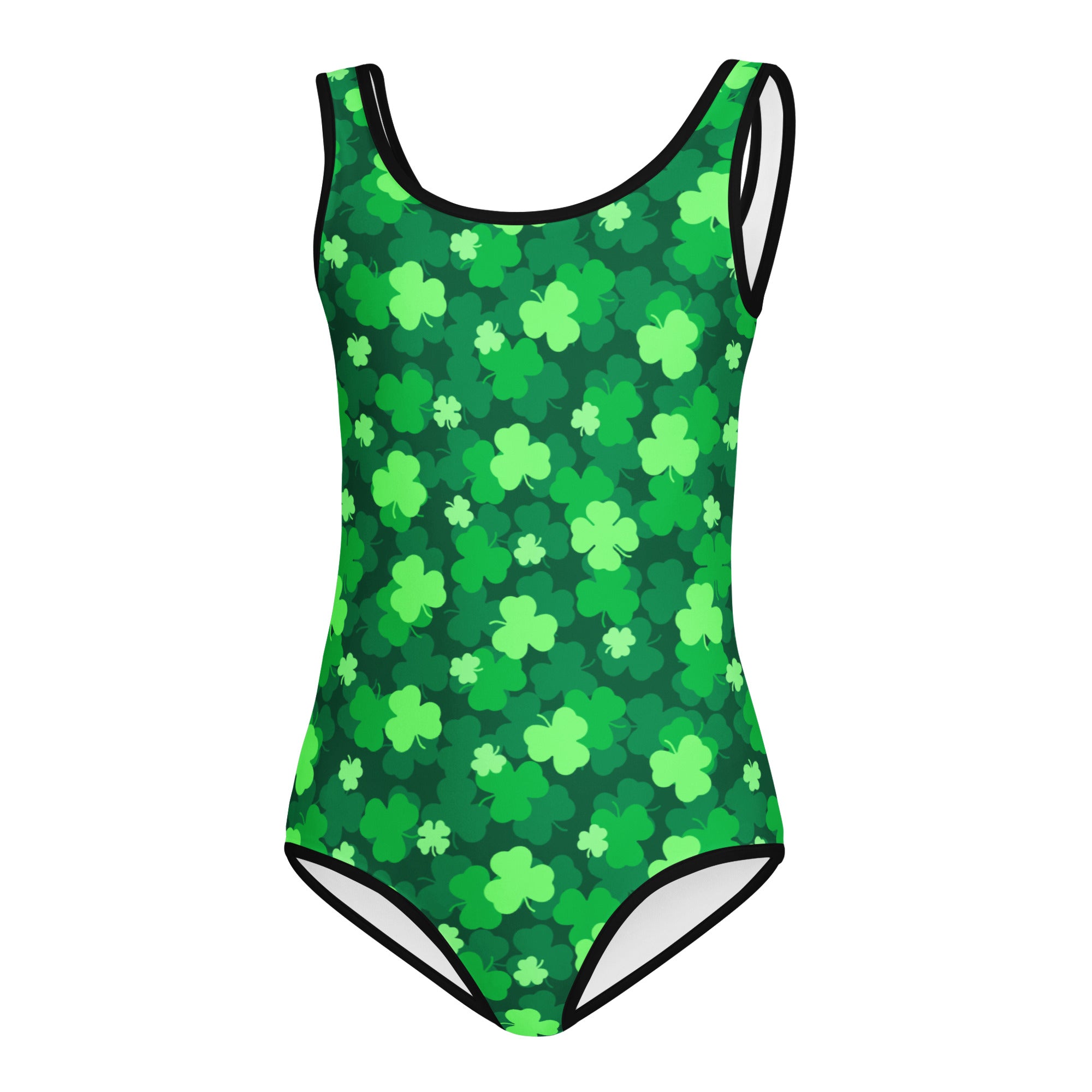 Girls st patricks day green one-piece leotard with shamrock pattern black trim buttery soft quick drying for dance