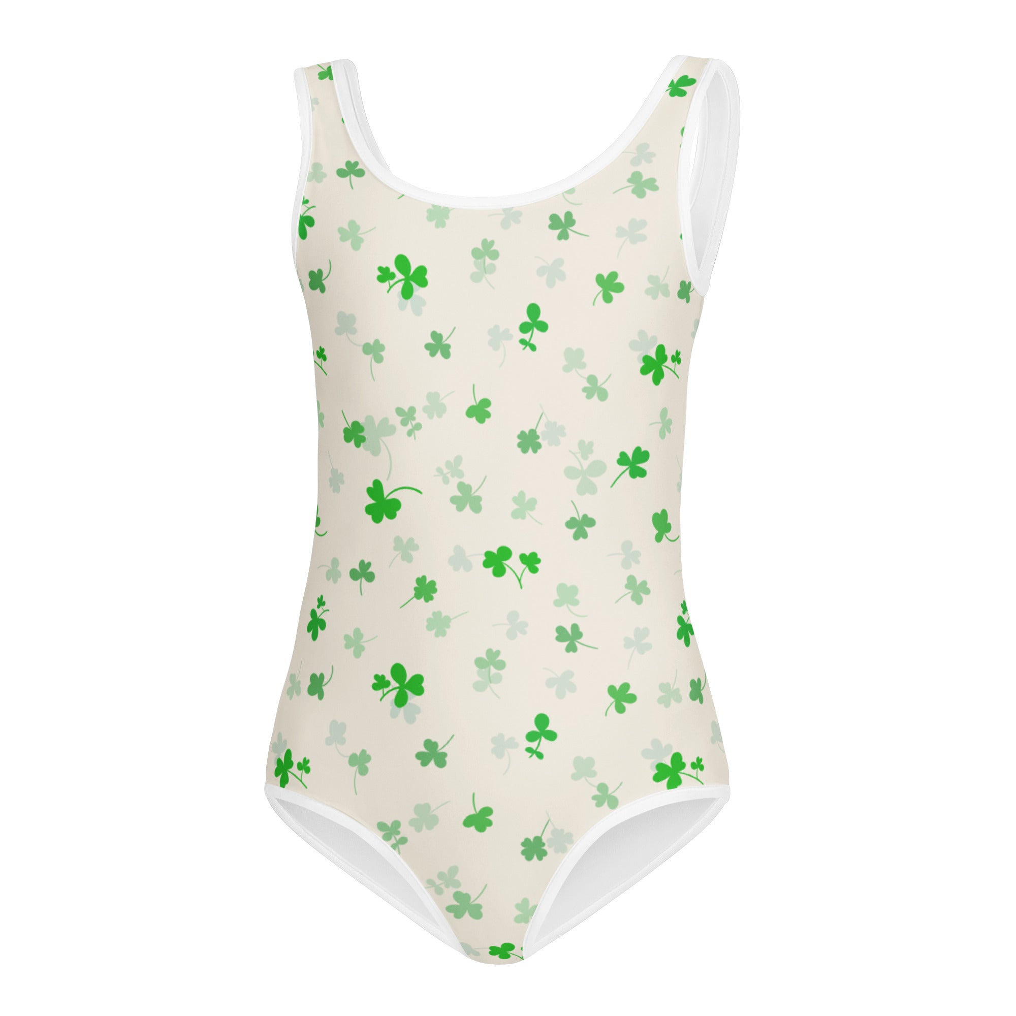 Cream-colored girls St Patricks Day one-piece leotard with white trim and soft shamrock pattern for dance and gymnastics