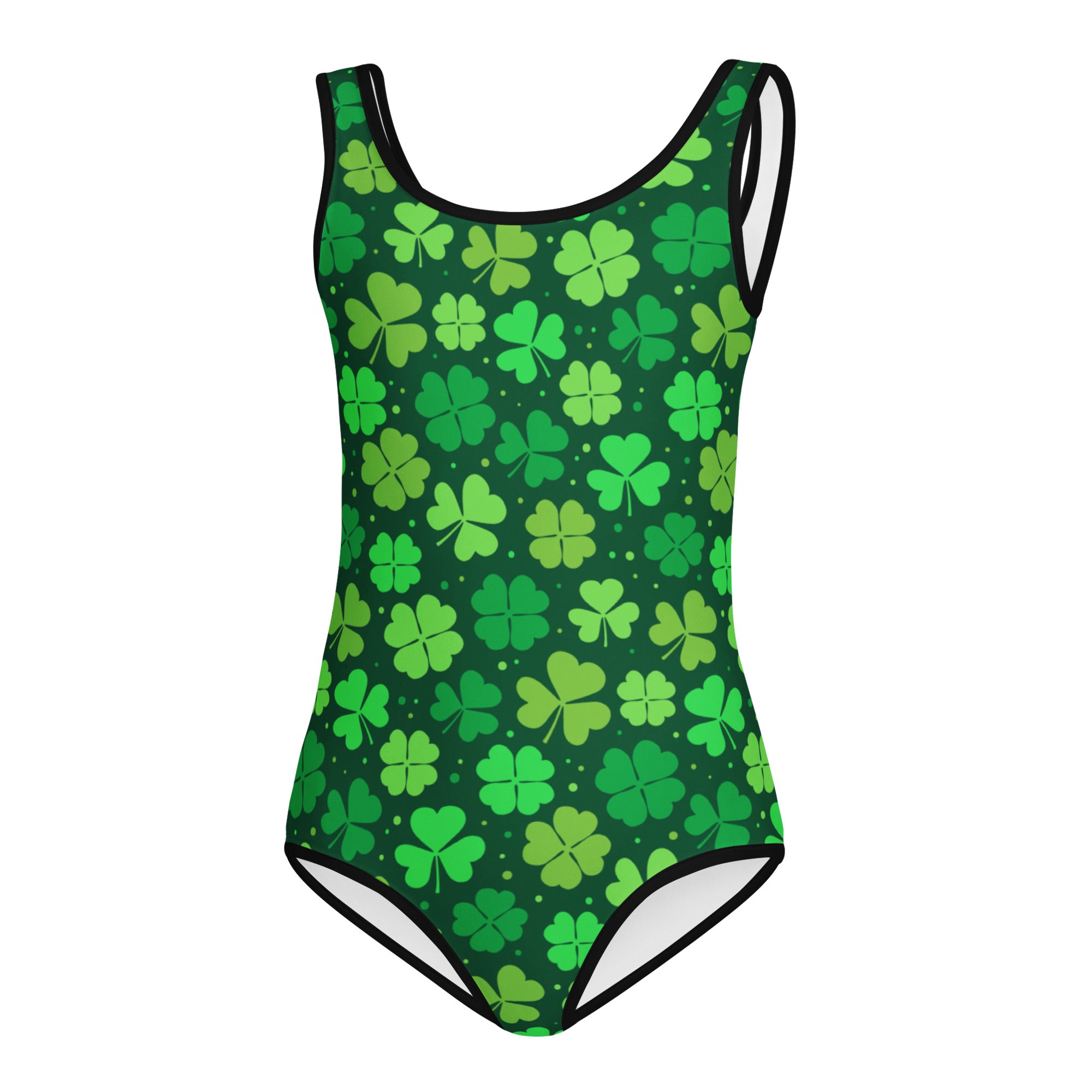 Girls st patricks day deep green shamrock buttery soft leotard with black trim for dance and gymnastics