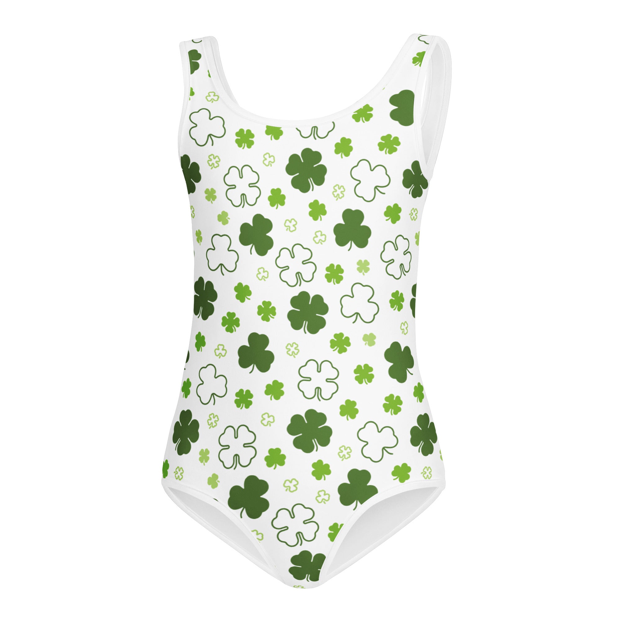 White girls one-piece swimsuit with green shamrock pattern buttery soft quick drying for dance and gymnastics
