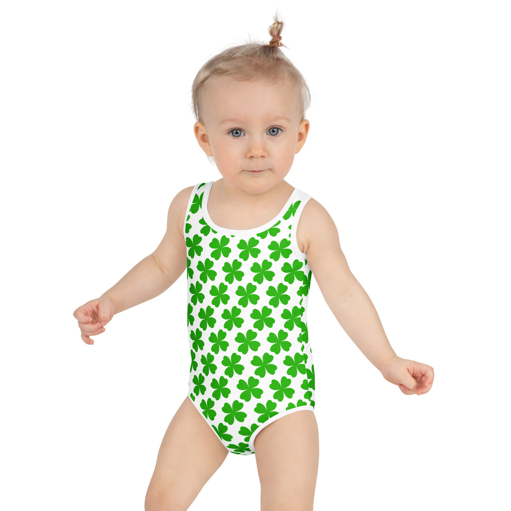 Girls St Patricks Day buttery soft white one-piece swimsuit with green shamrock pattern UPF 50 plus double layered front