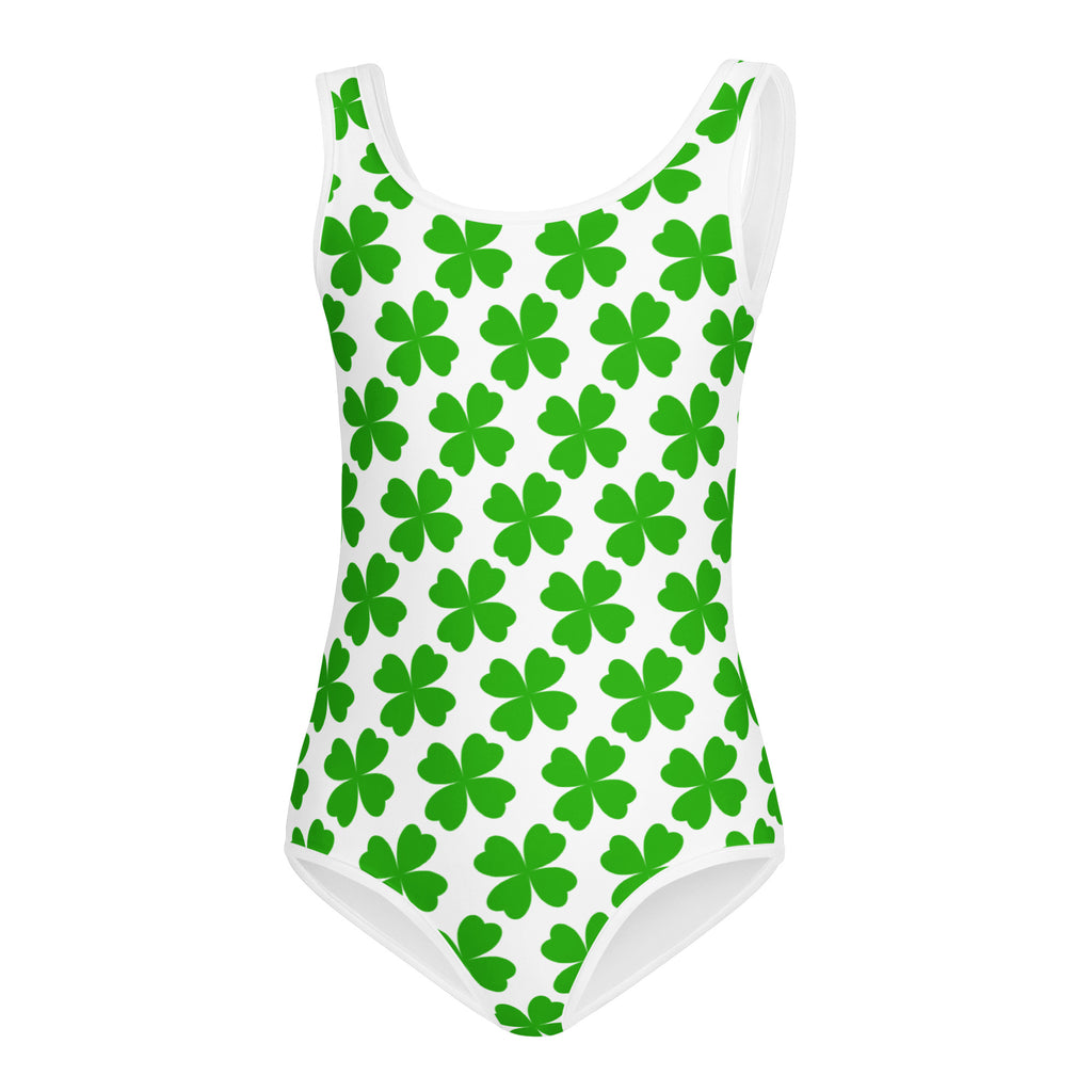 White girls St Patricks Day one-piece swimsuit with green four-leaf clover pattern quick drying buttery soft