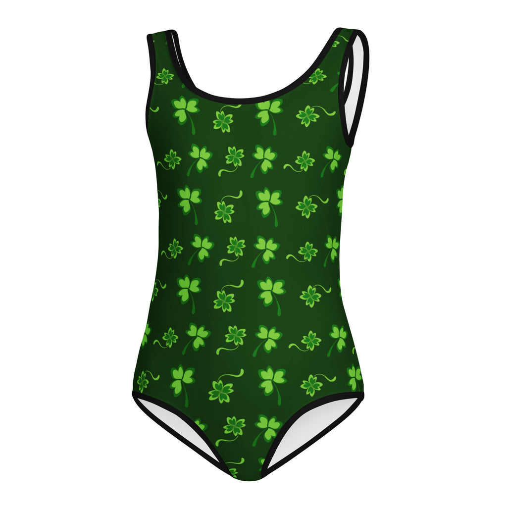 Green girls St. Patrick’s Day leotard with light green shamrocks black trim buttery soft quick drying for dance and gymnastics