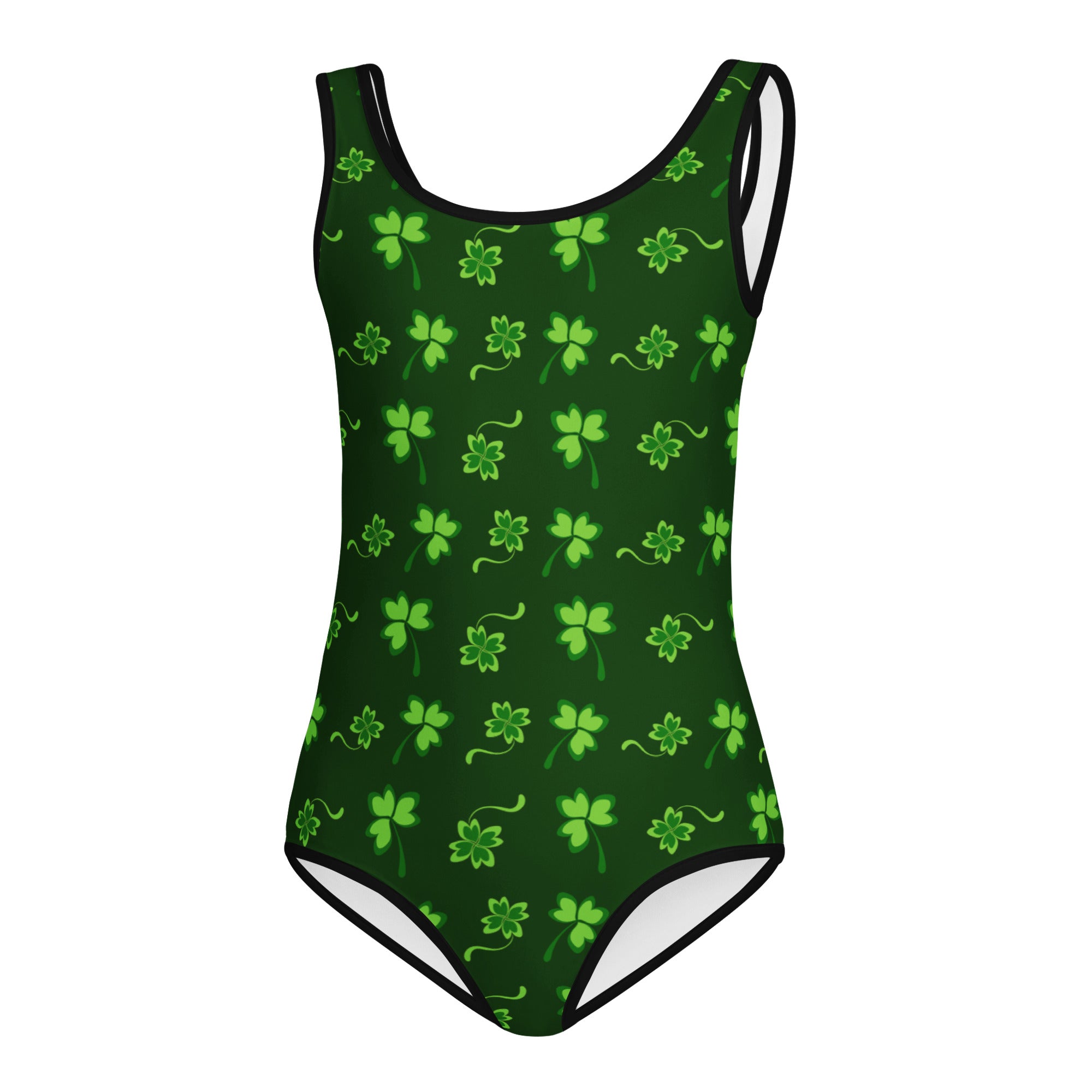 Green girls St. Patrick’s Day leotard with light green shamrocks black trim buttery soft quick drying for dance and gymnastics