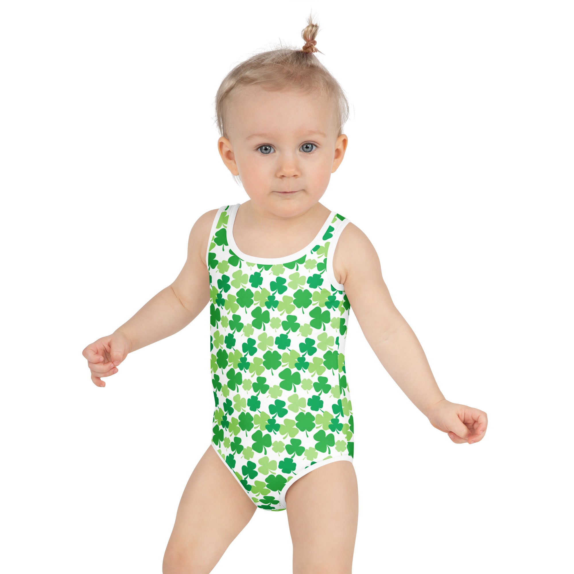 Girls st patricks day white one-piece swimsuit with green shamrocks buttery soft fabric upf 50 plus double layered front