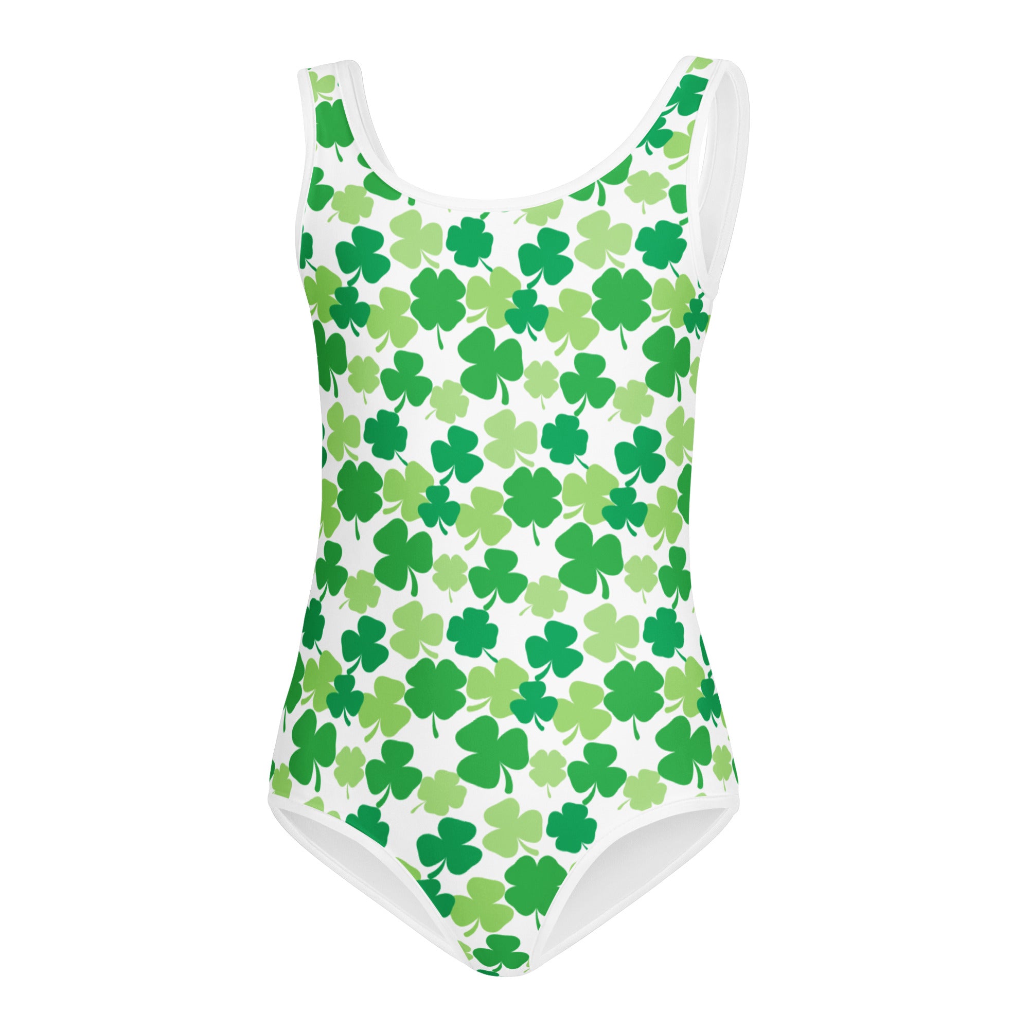 Girls St Patricks Day shamrock themed white one-piece leotard with green pattern quick drying buttery soft fabric