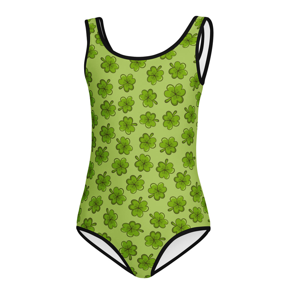 A lime green girls st. patricks day shamrock plaid buttery soft one-piece swimsuit with black trim for dance and gymnastics