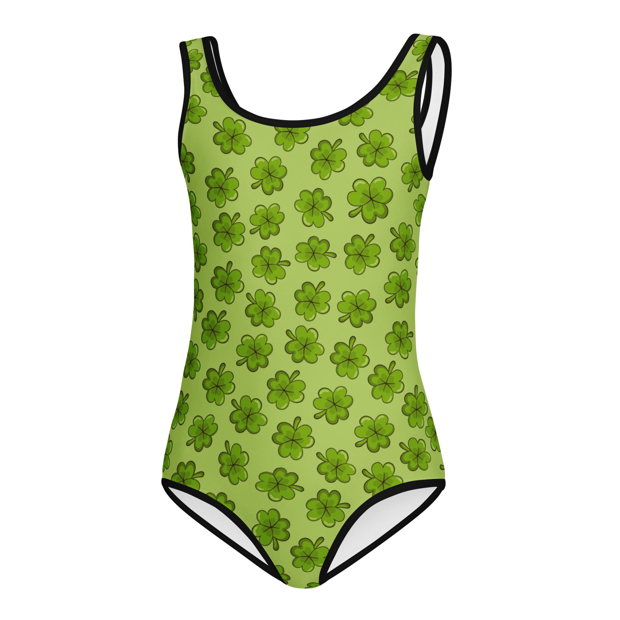 A lime green girls st. patricks day shamrock plaid buttery soft one-piece swimsuit with black trim for dance and gymnastics