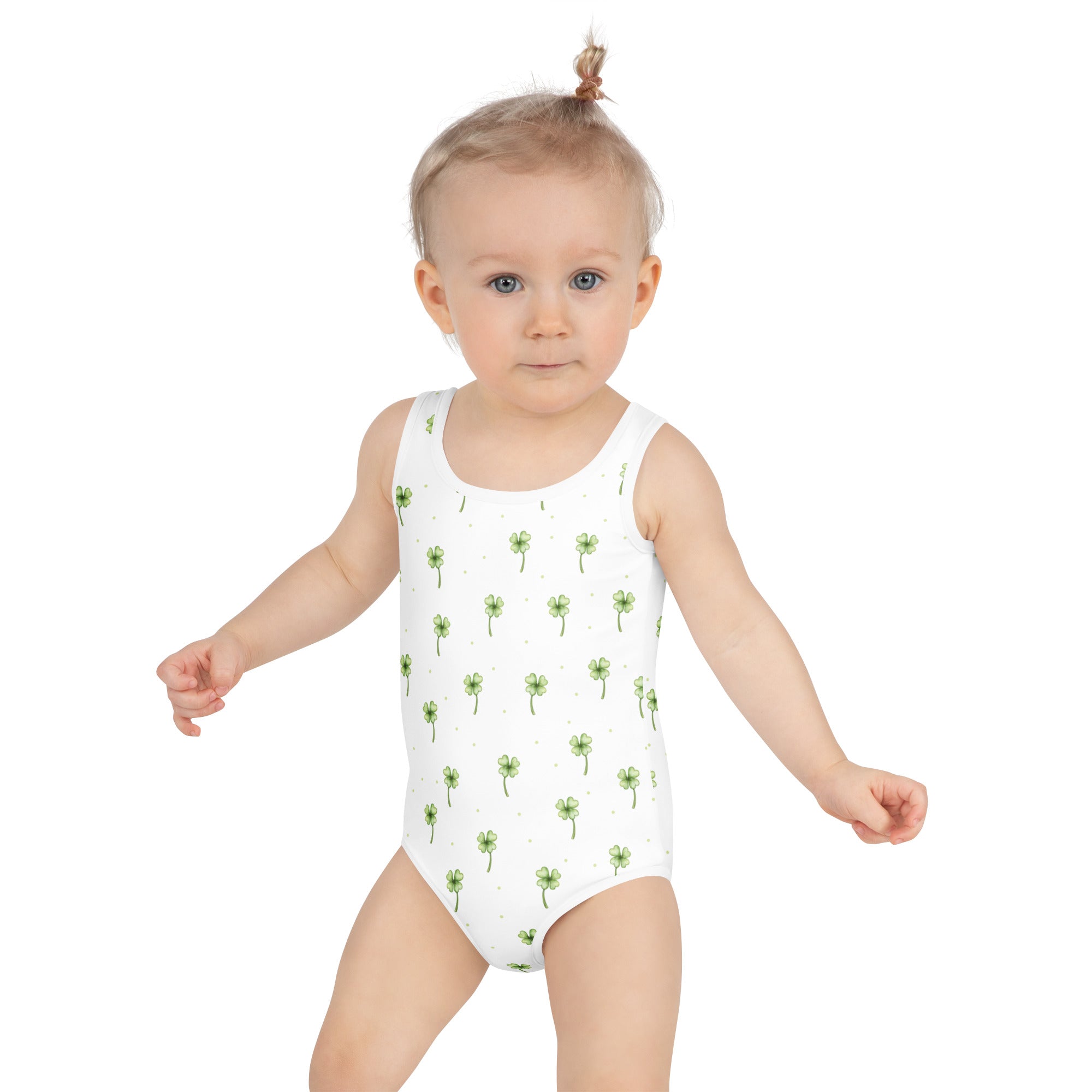 White girls one-piece swimsuit with green shamrock patterns buttery soft fabric and upf 50 plus protection