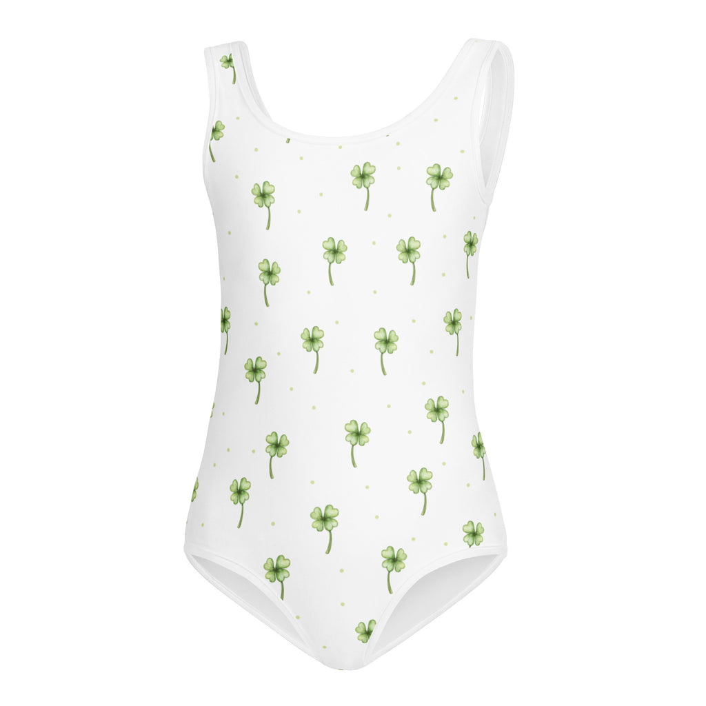 Girls st patricks day shamrock buttery soft white leotard with green clover and gold dots for dance and gymnastics