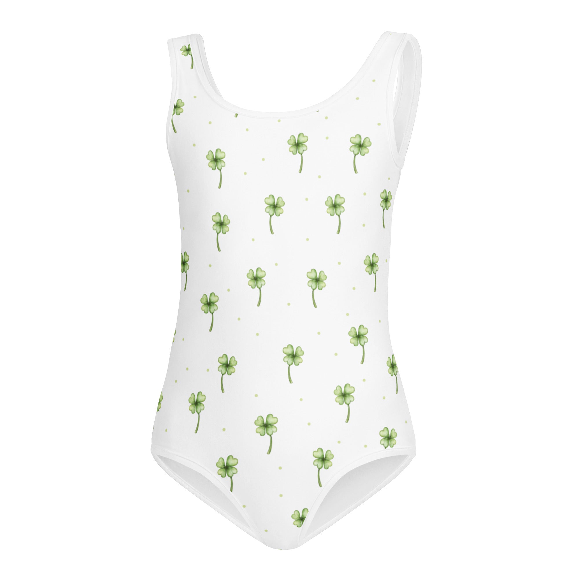 Girls st patricks day shamrock buttery soft white leotard with green clover and gold dots for dance and gymnastics