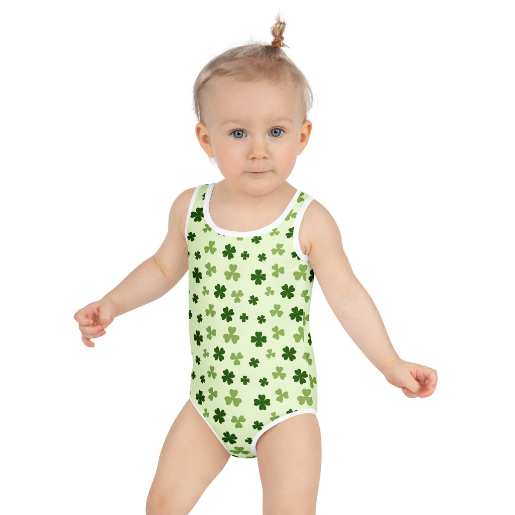 Girls light green buttery soft one-piece swimsuit with white trim dark green shamrock pattern UPF 50 plus protection