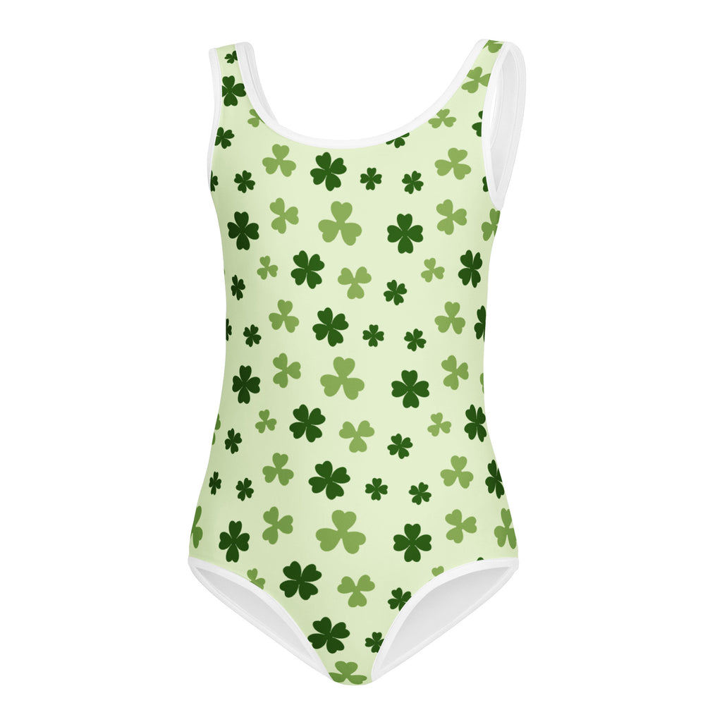 Light green girls St. Patrick’s Day clover leotard with white trim and dark green shamrocks quick drying for dance