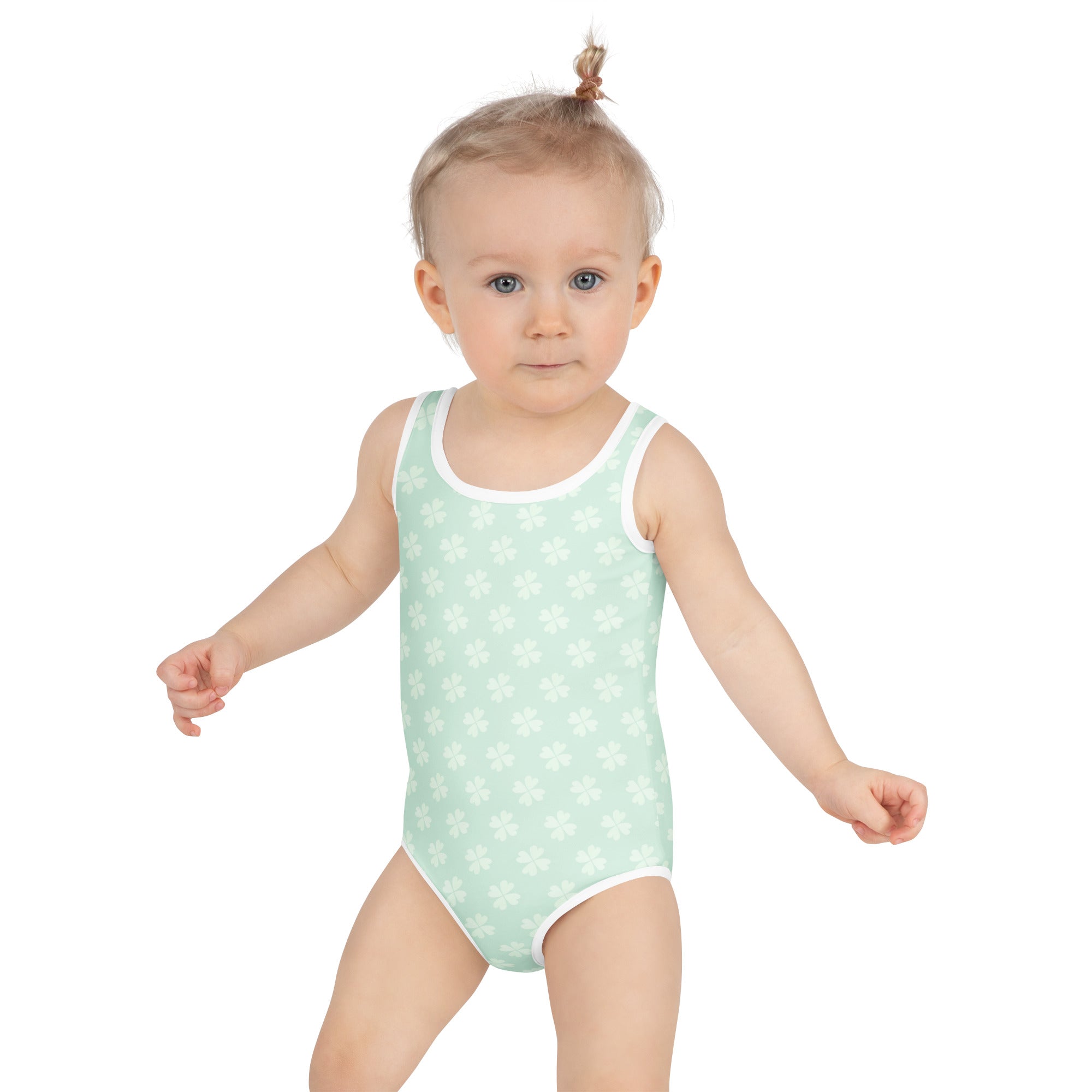Girls mint green one-piece swimsuit with white floral pattern and trim buttery soft fabric UPF 50 plus protection