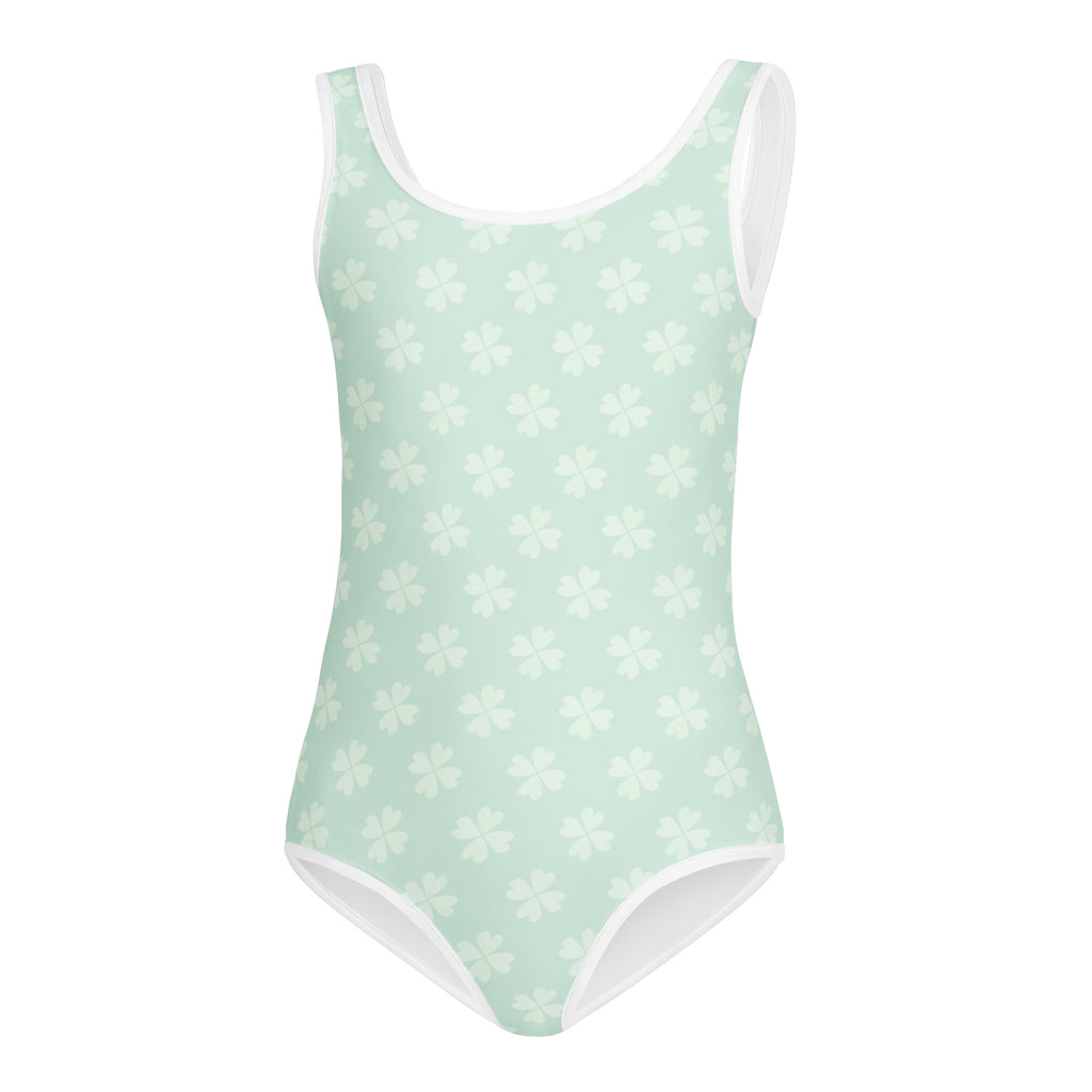 A mint green girls pastel shamrock buttery soft leotard with white four-leaf clover pattern and quick drying fabric
