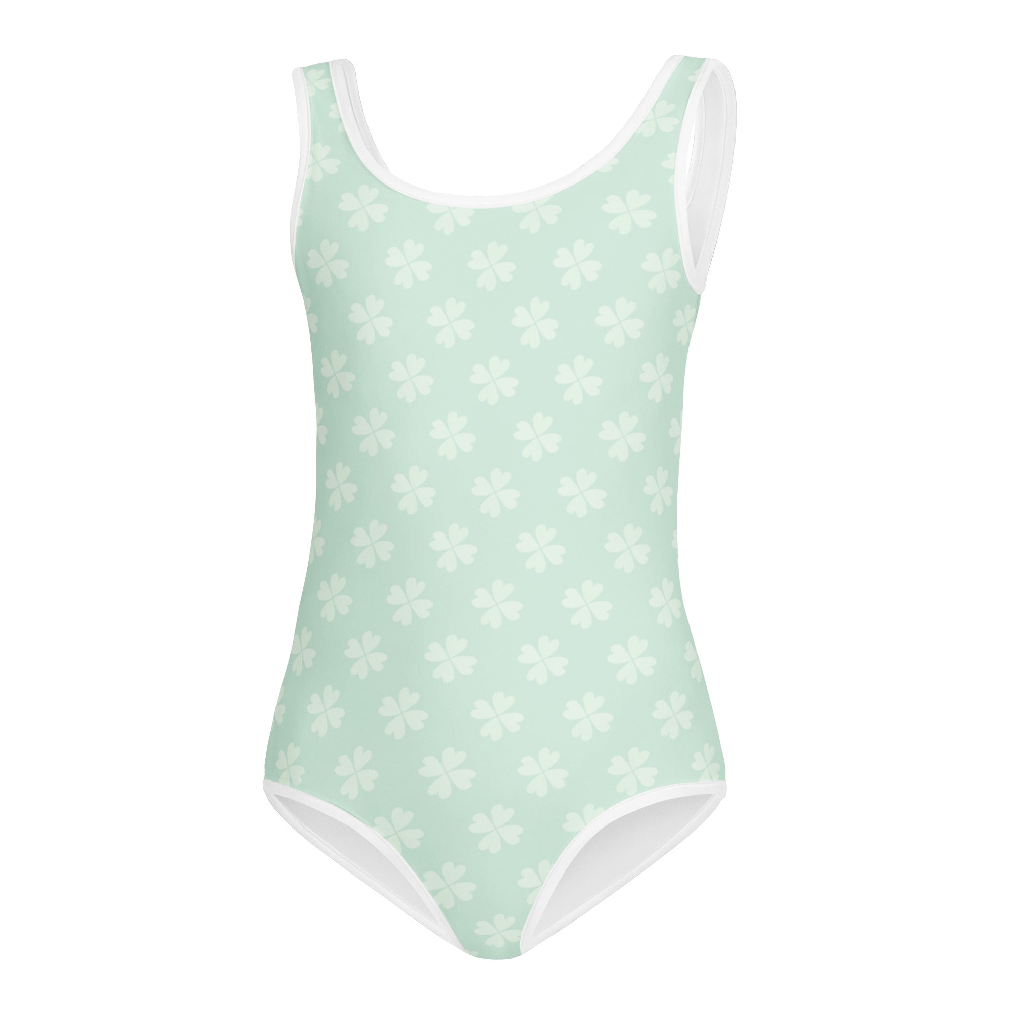 A mint green girls pastel shamrock buttery soft leotard with white four-leaf clover pattern and quick drying fabric