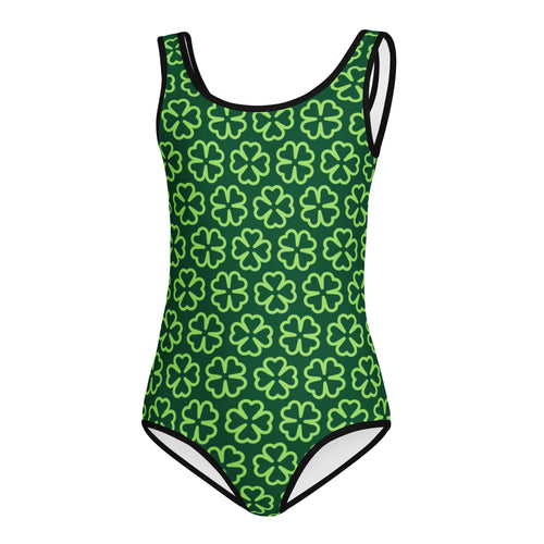 Green girls one-piece swimsuit with light green four-leaf clover pattern black trim quick drying for dance gymnastics