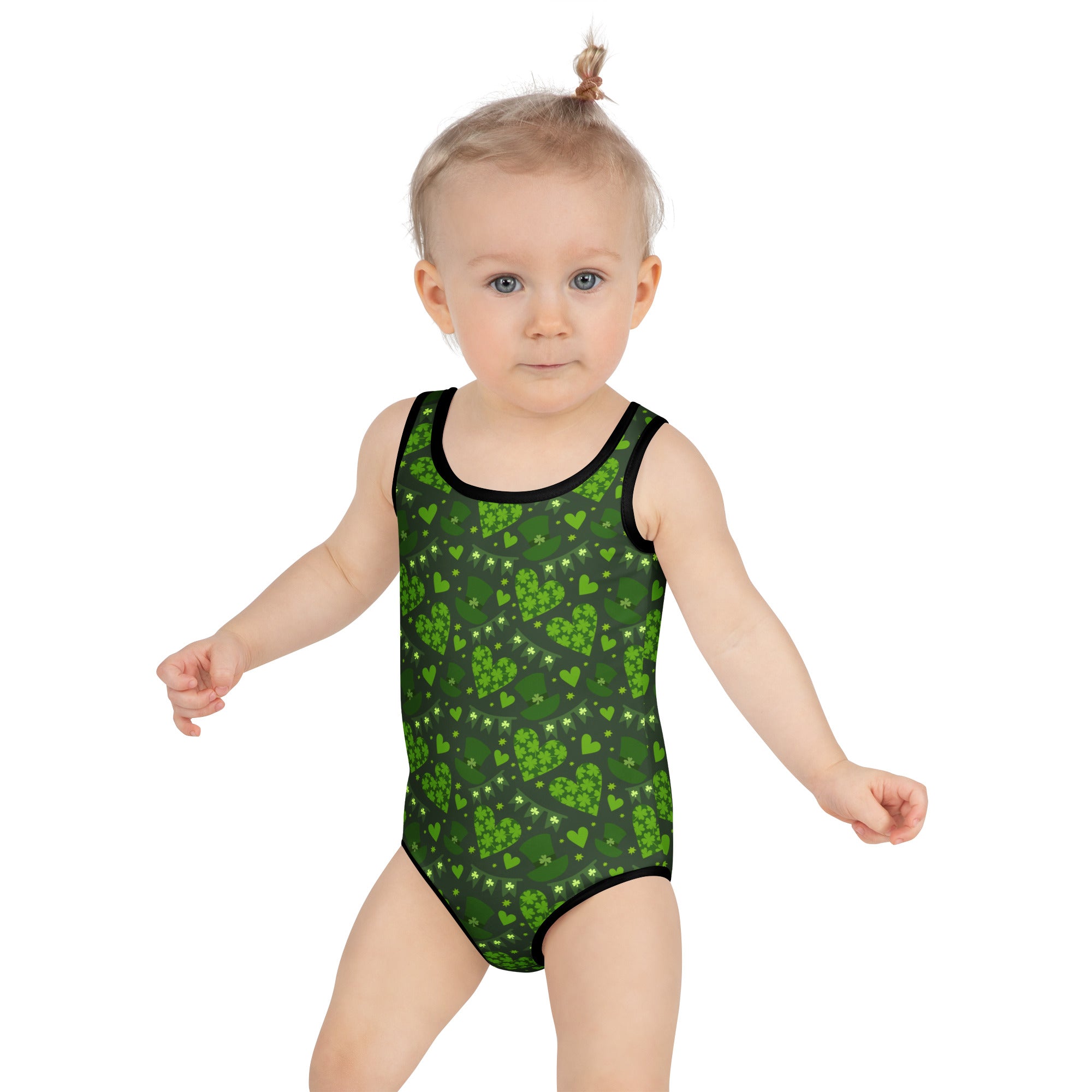 Green girls one-piece swimsuit with black trim and heart shamrock pattern buttery soft fabric upf 50+ double layered front