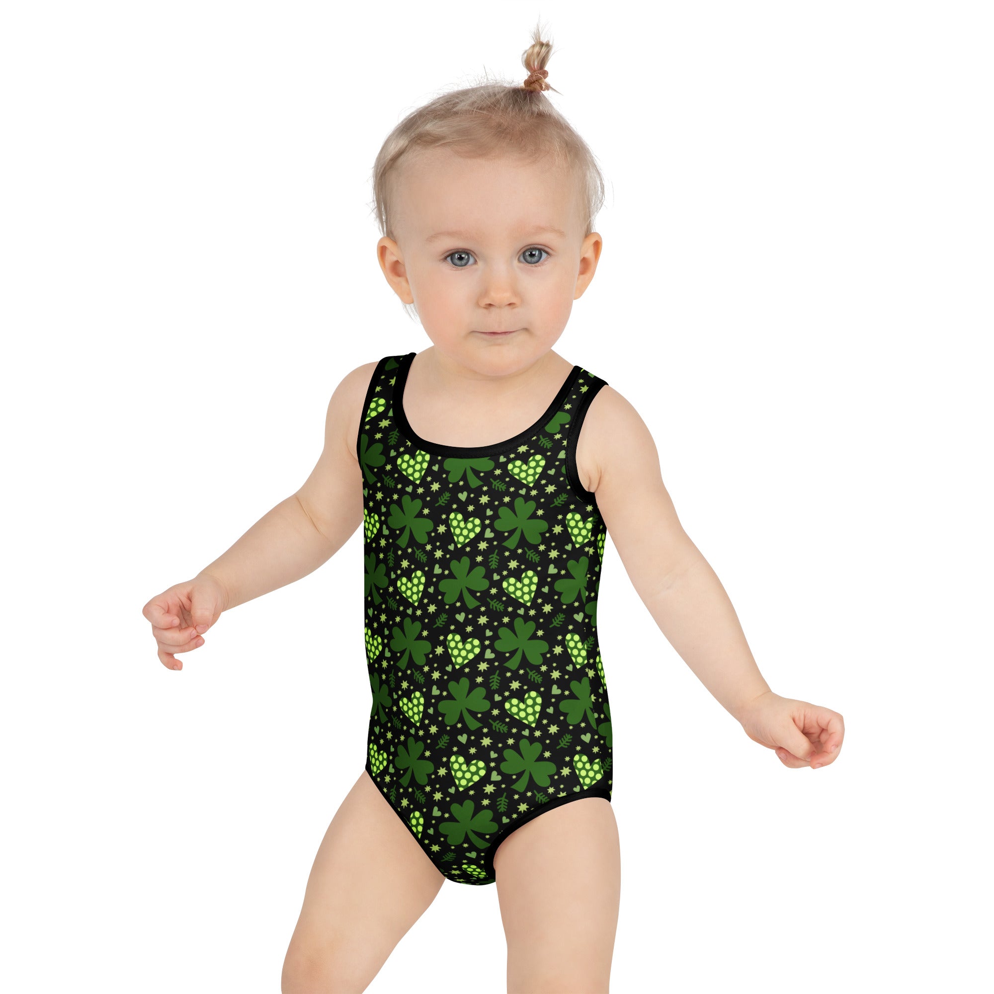Black one-piece girls swimsuit with green shamrocks grape clusters buttery soft fabric upf 50 plus double layered front