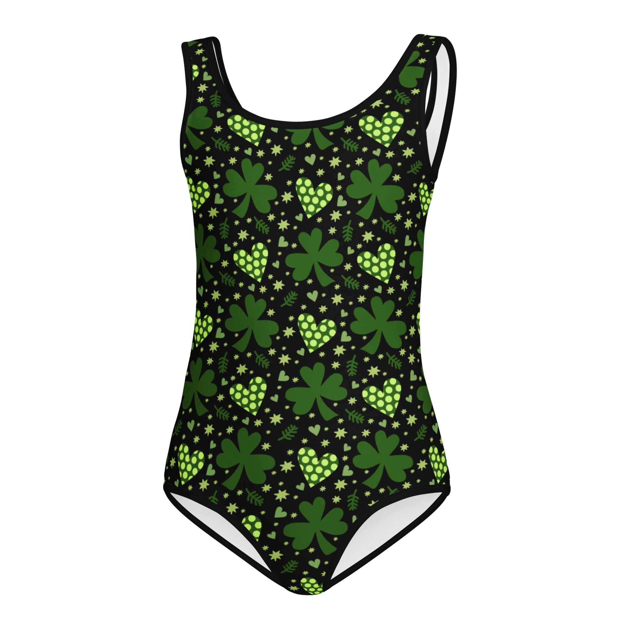 Girls dark green st patricks day black one-piece swimsuit with green shamrocks polka dot hearts and stars in buttery soft fabric