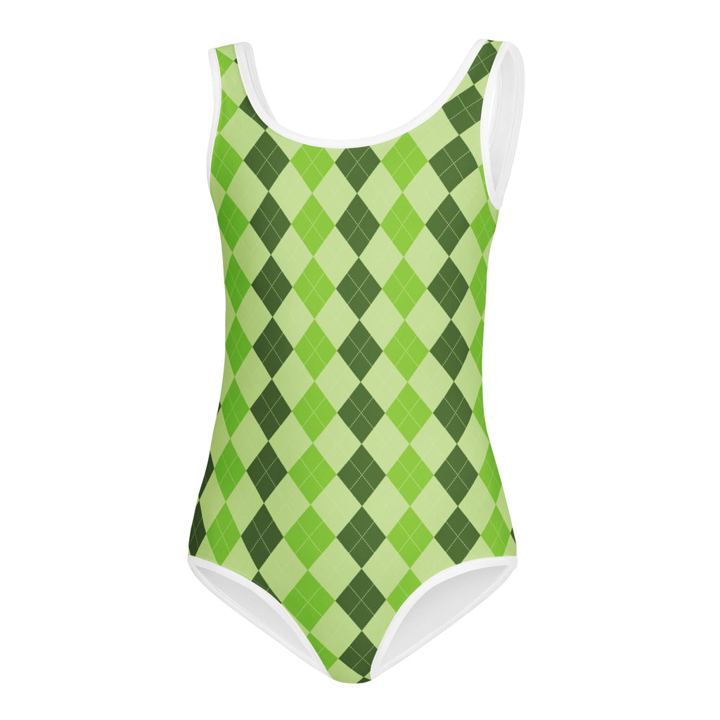 Girls green argyle sleeveless leotard with white trim made of buttery soft quick drying fabric for dance and gymnastics