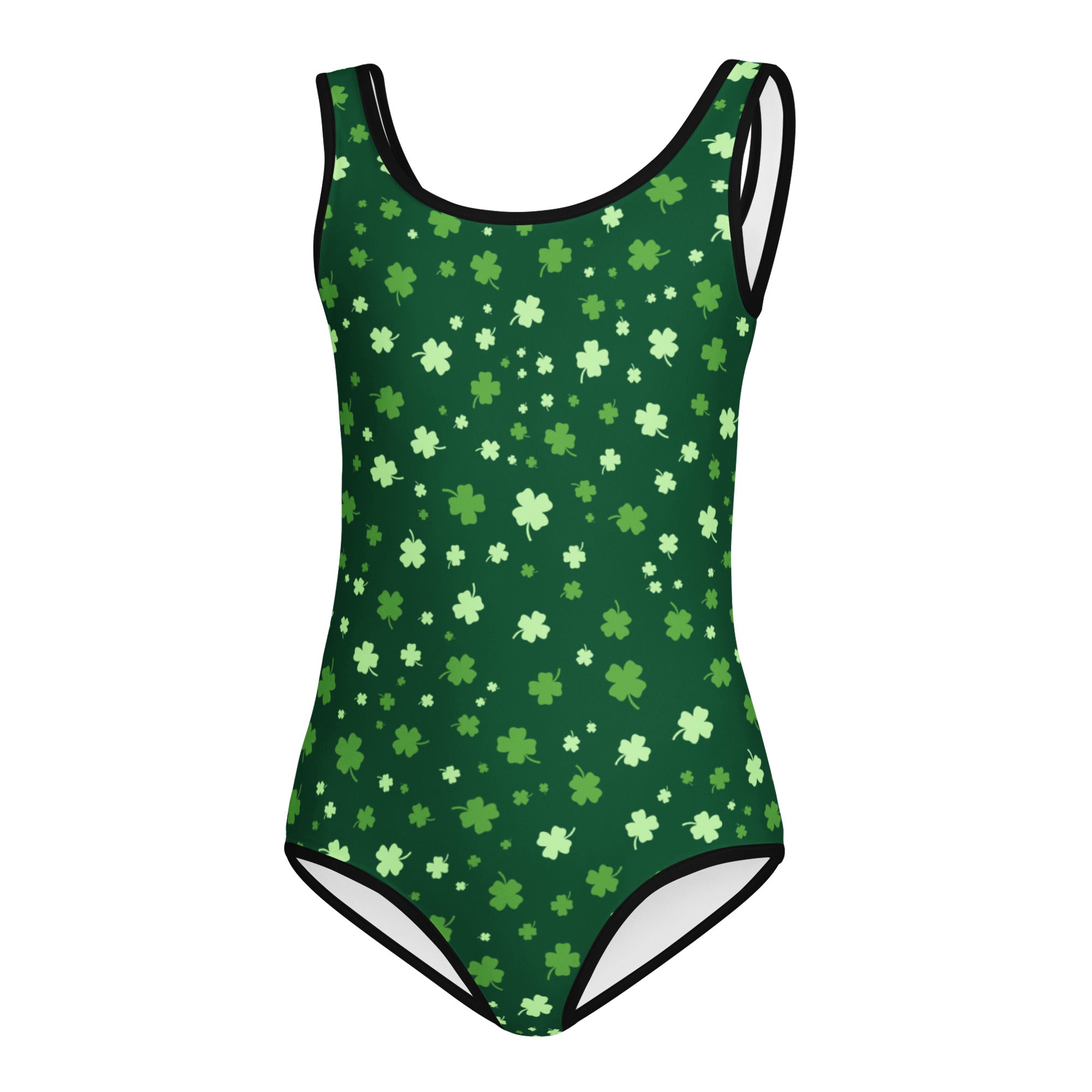 Girls lucky clover buttery soft one-piece swimsuit in dark green with four-leaf clover pattern and black trim for dance and gymnastics
