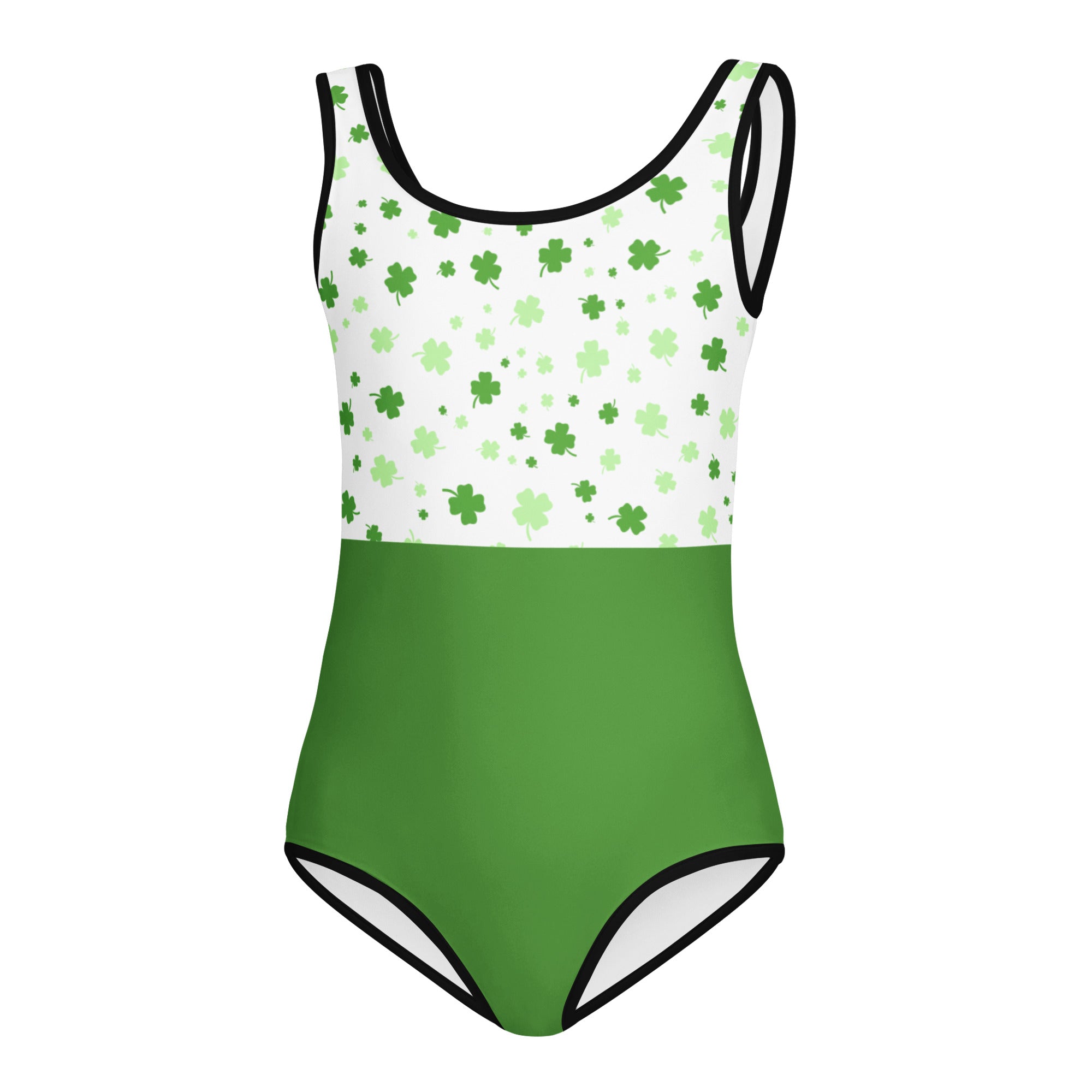 Girls green lucky clover buttery soft leotard in white and green with shamrock pattern and black trim for dance and gymnastics