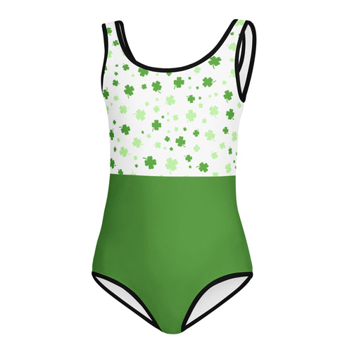 Girls green lucky clover buttery soft leotard in white and green with shamrock pattern and black trim for dance and gymnastics