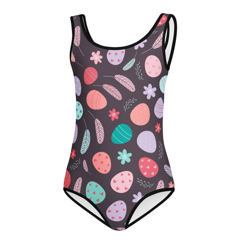 Girls Easter egg and bird feathers buttery soft dark gray one-piece swimsuit with pastel pattern for dance and gymnastics