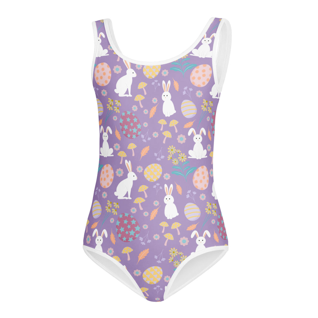Girls purple easter bunny buttery soft quick drying leotard with white trim and playful easter-themed pattern