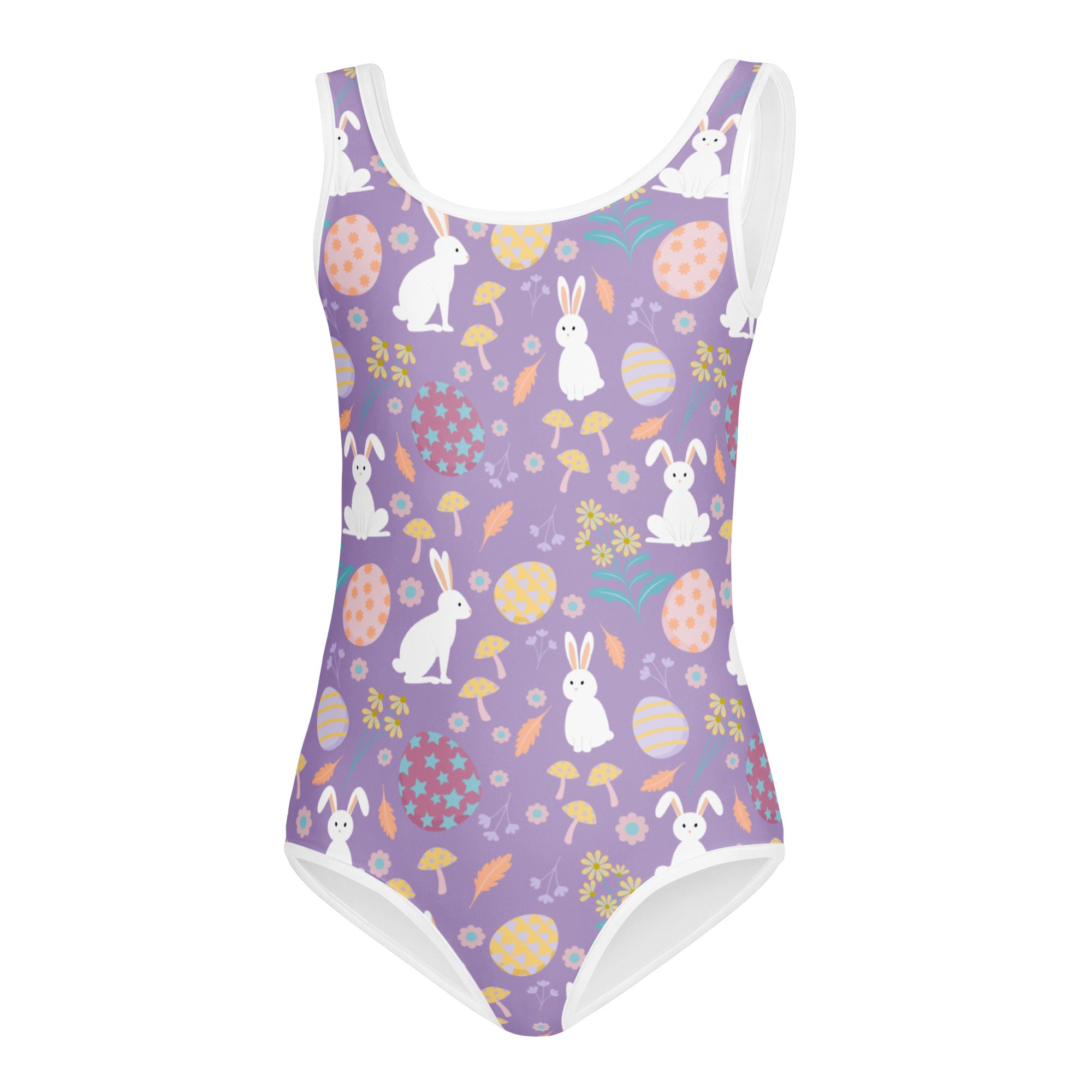 Girls purple easter bunny buttery soft quick drying leotard with white trim and playful easter-themed pattern