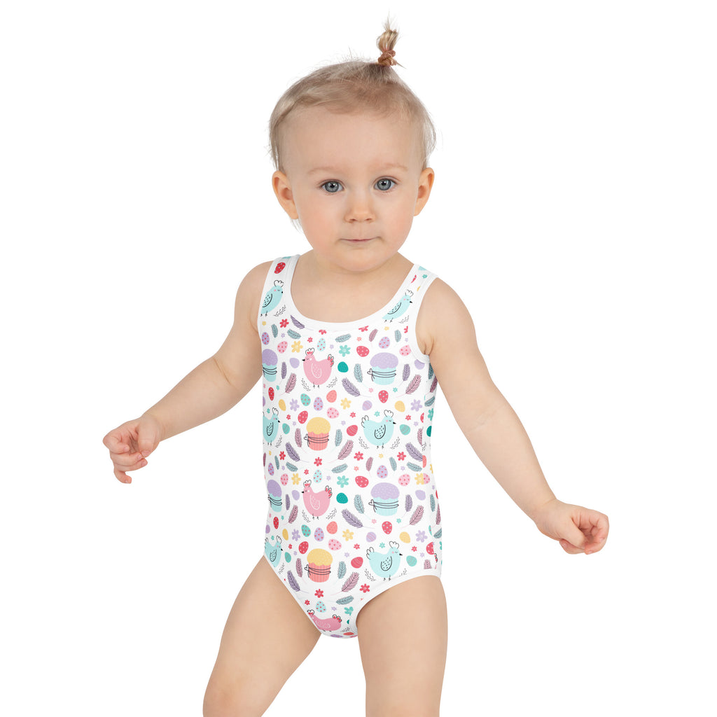 White girls Easter chick buttery soft one-piece swimsuit with pastel birds macarons feathers flowers and UPF 50+ protection