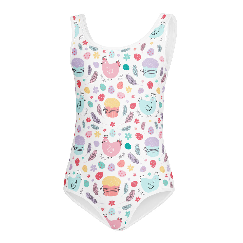 Girls easter chick and cupcake buttery soft white one-piece swimsuit with pastel pattern for dance and gymnastics