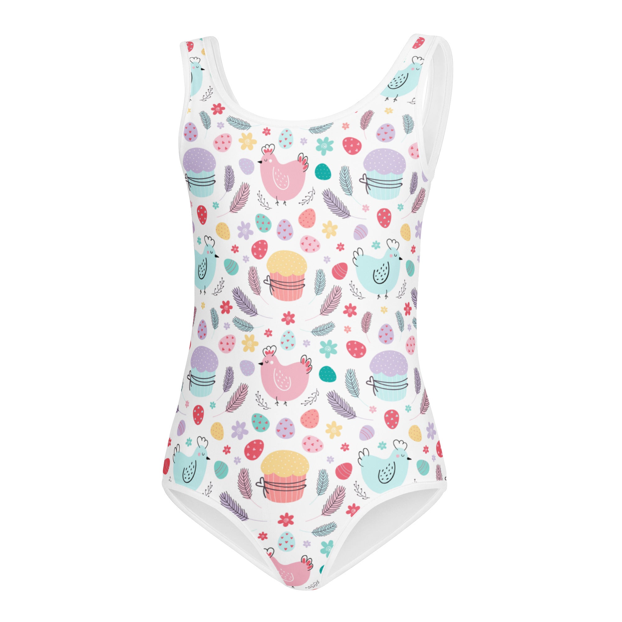 Girls easter chick and cupcake buttery soft white one-piece swimsuit with pastel pattern for dance and gymnastics