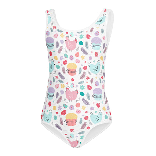 Girls easter chick and cupcake buttery soft white one-piece swimsuit with pastel pattern for dance and gymnastics