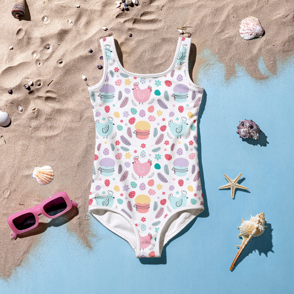 Girls easter chick buttery soft white one-piece swimsuit with pastel chicken pattern and upf 50 plus protection