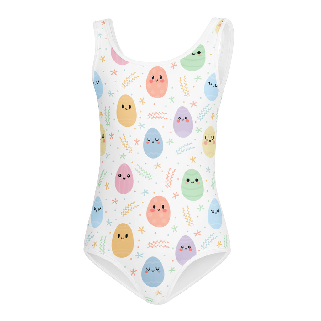 White girls cute easter egg one-piece swimsuit with pastel smiling eggs and floral accents quick drying leotard