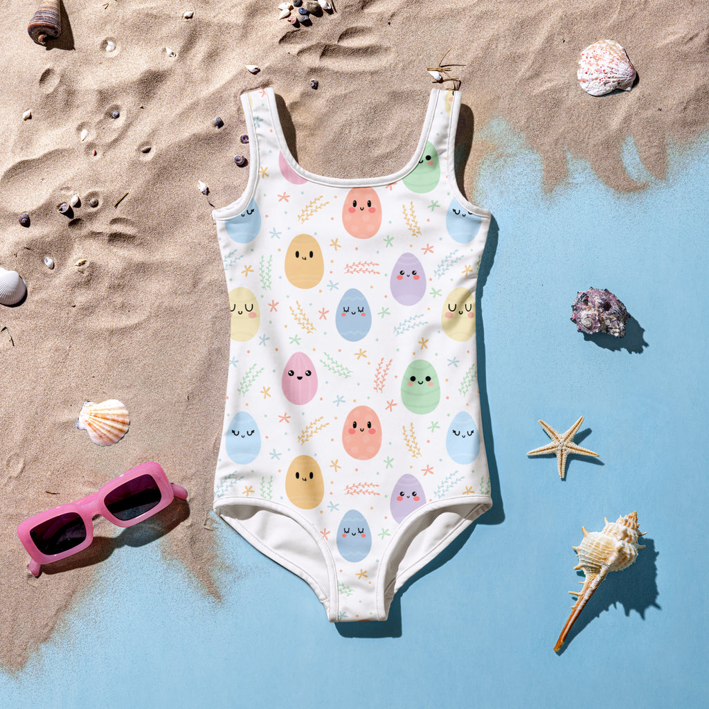 Girls Easter egg buttery soft white one-piece swimsuit with pastel egg pattern starbursts upf 50 plus double layered front
