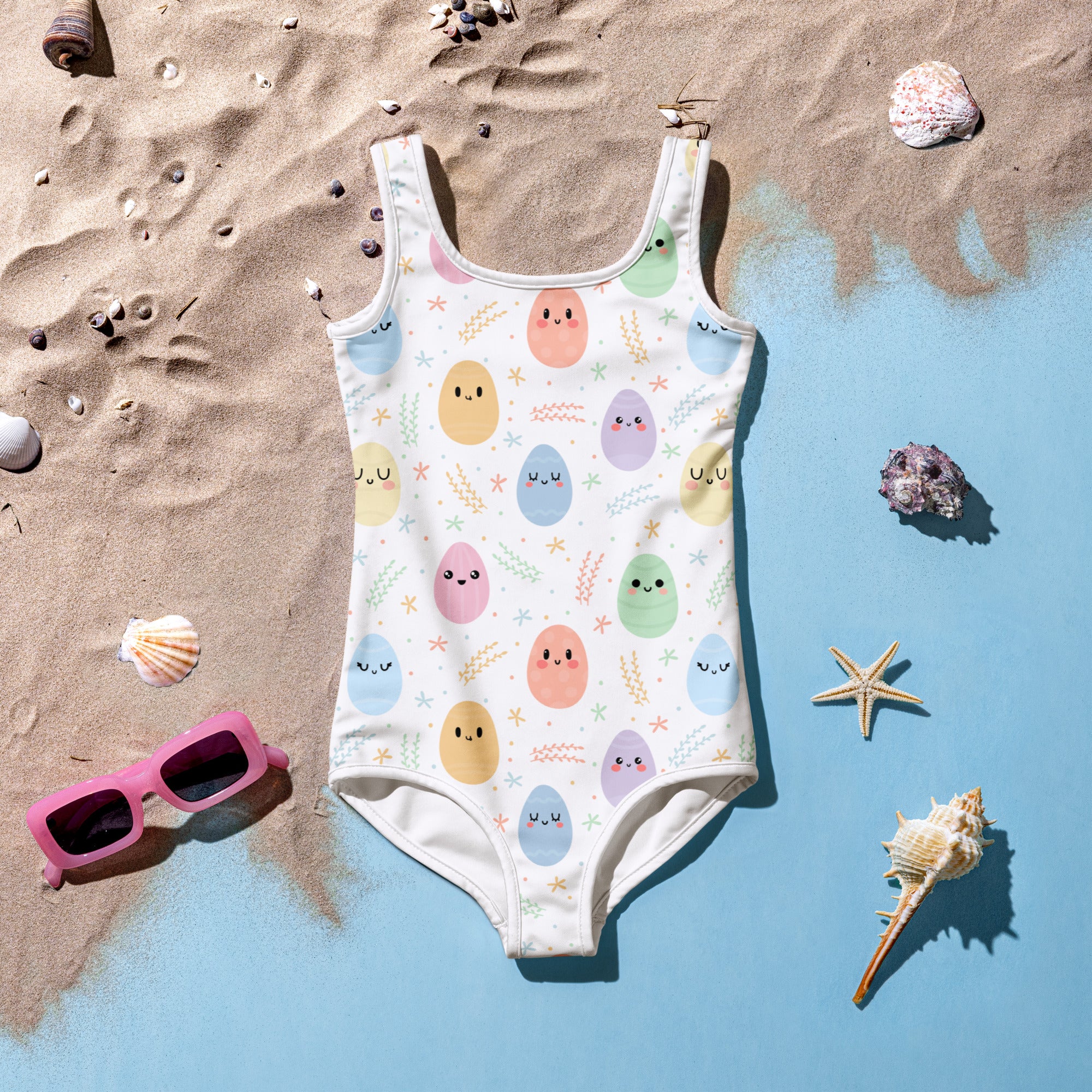 Girls Easter egg buttery soft white one-piece swimsuit with pastel egg pattern starbursts upf 50 plus double layered front