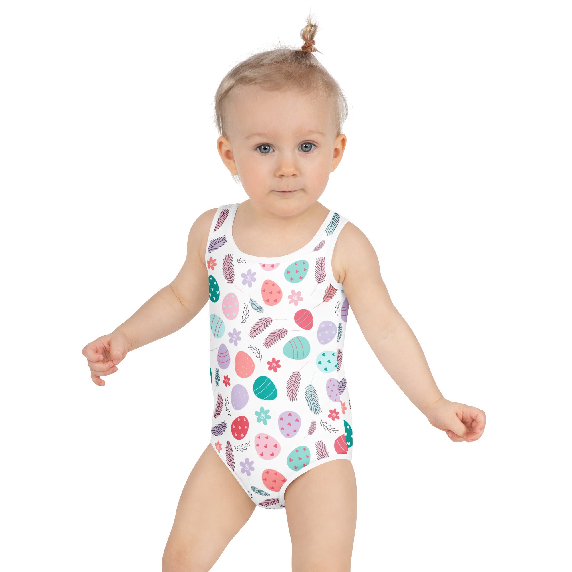 Girls easter eggs and feathers buttery soft white one-piece swimsuit with pastel pattern and upf 50 plus protection
