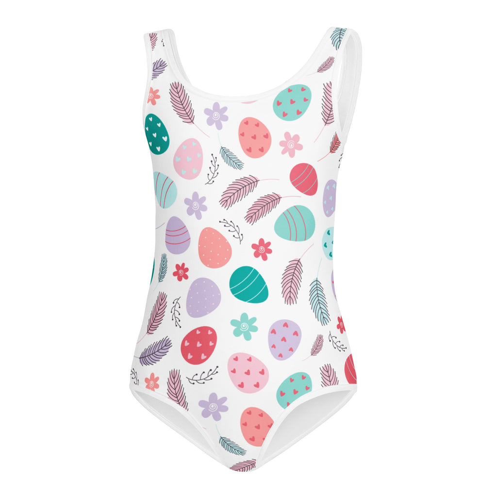 White one-piece leotard with pastel easter egg pattern in pink teal purple and red quick drying for dance and gymnastics