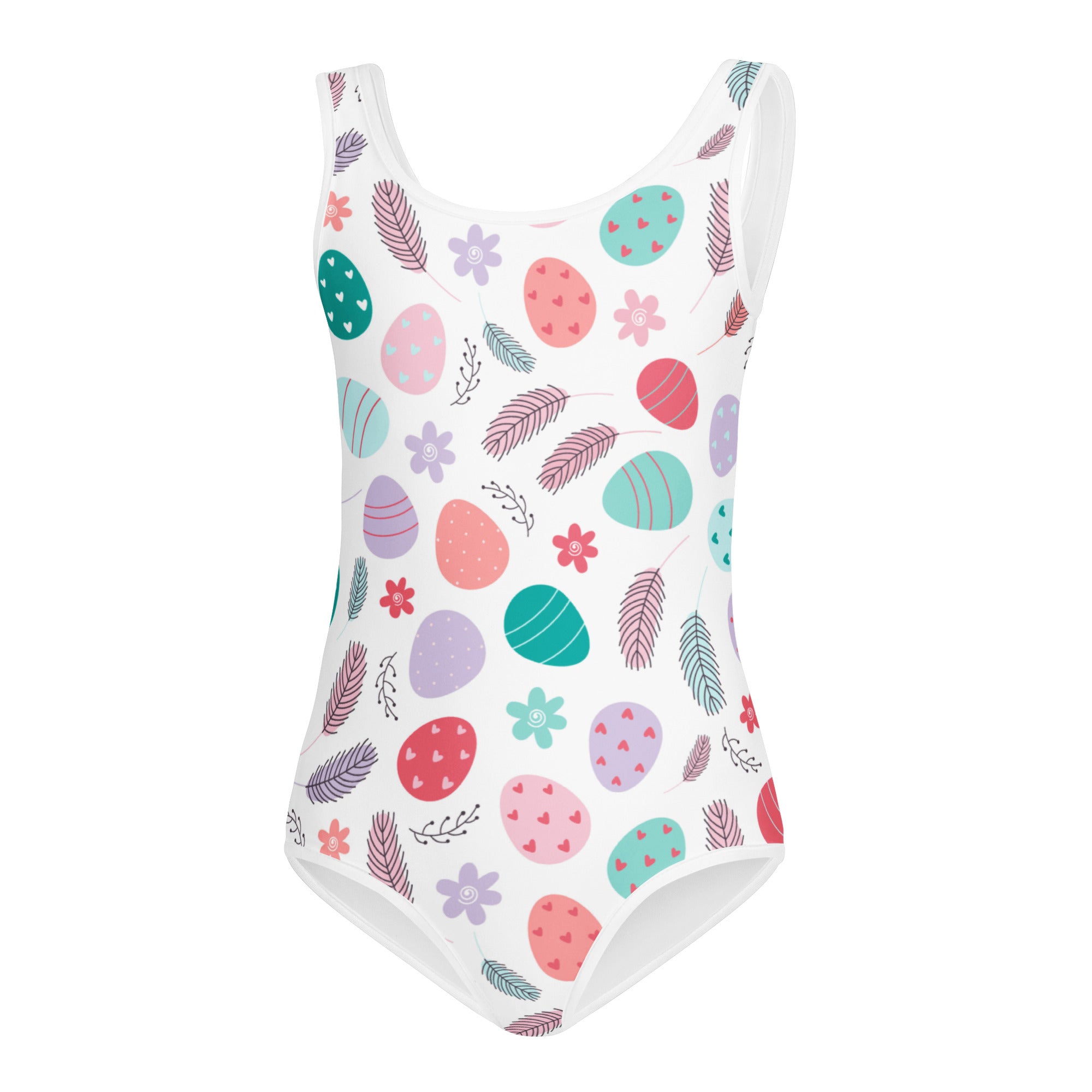 White one-piece leotard with pastel easter egg pattern in pink teal purple and red quick drying for dance and gymnastics