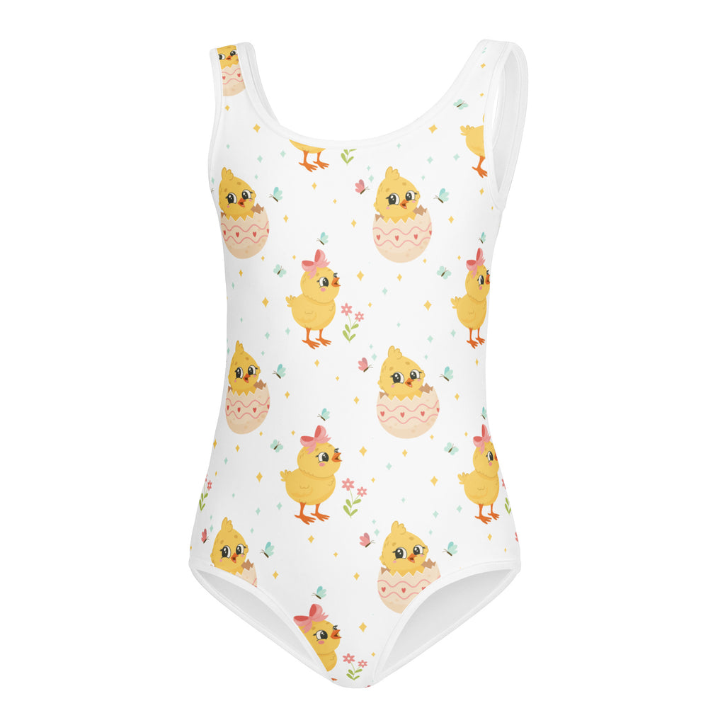 White girls easter chick buttery soft one-piece swimsuit with yellow chick and pastel eggshell pattern for dance and gymnastics