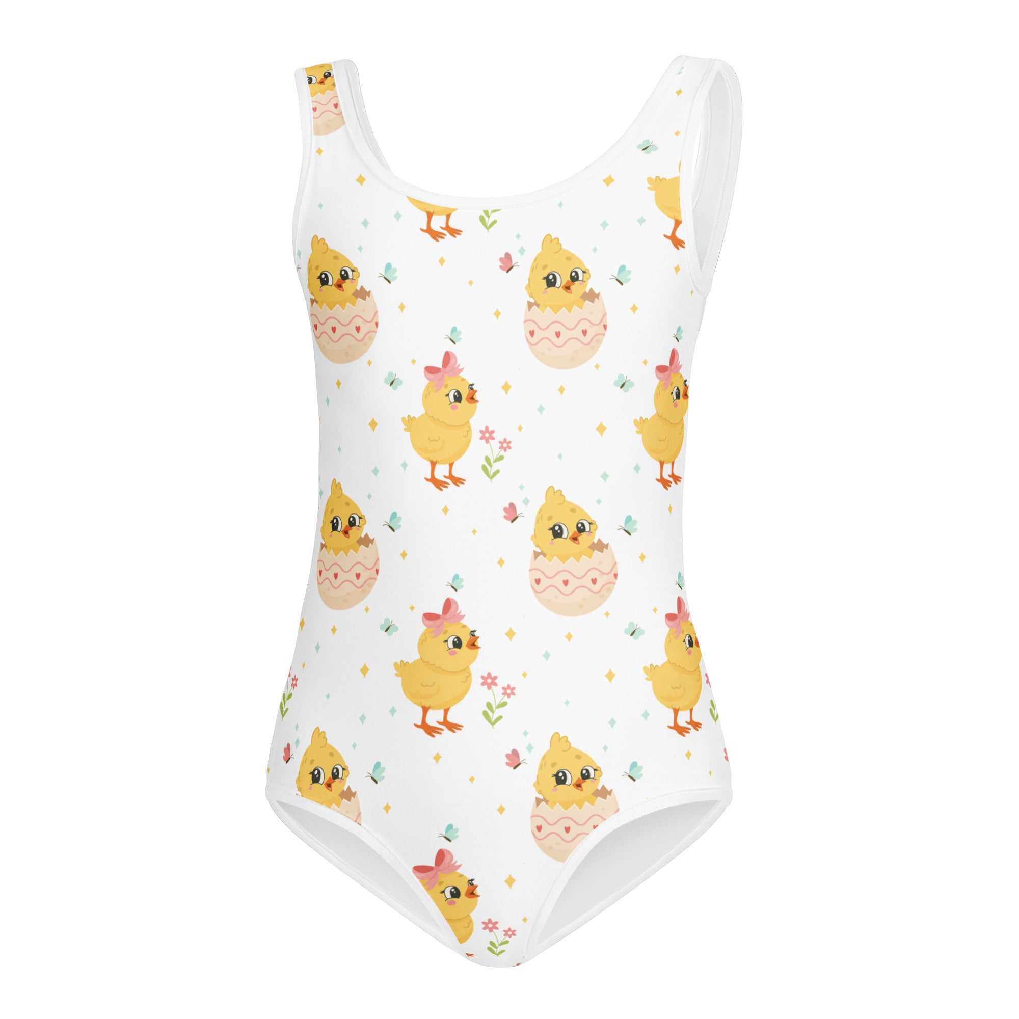 White girls easter chick buttery soft one-piece swimsuit with yellow chick and pastel eggshell pattern for dance and gymnastics