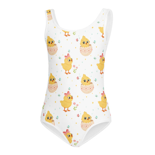 White girls easter chick buttery soft one-piece swimsuit with yellow chick and pastel eggshell pattern for dance and gymnastics